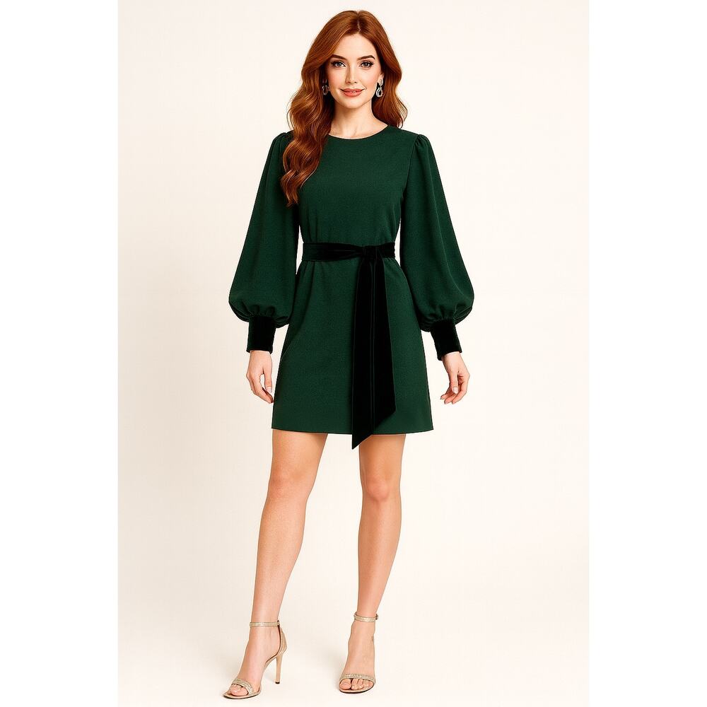 Belle Badgley Mischka Green Dress with Velvet Cuffs and Belt - Size 12